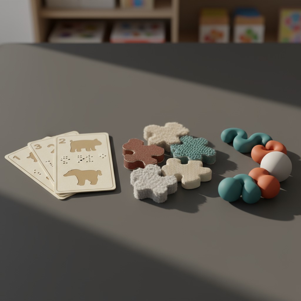 The image shows a tactile board game consisting of various tactile pieces made from different materials. To the left of th...